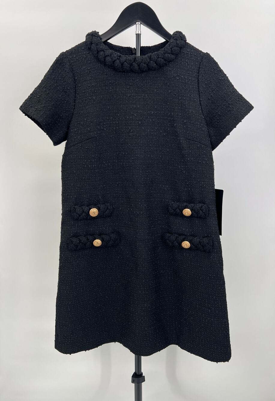 Tuckernuck Jackie Black Textured Bouclé Shift Dress Gold Buttons Size Small NWT